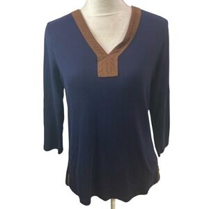 Lauren Ralph‎ Lauren Womens Top Size L Blue Brown 3/4 Sleeve V Neck